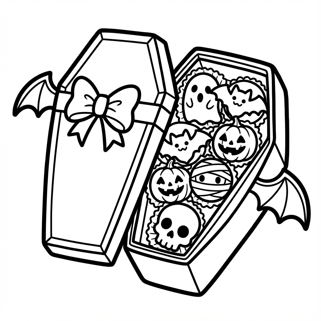 Coffin filled with spooky Halloween cookies, designed as easy coloring pages for toddlers and simple thick line art.